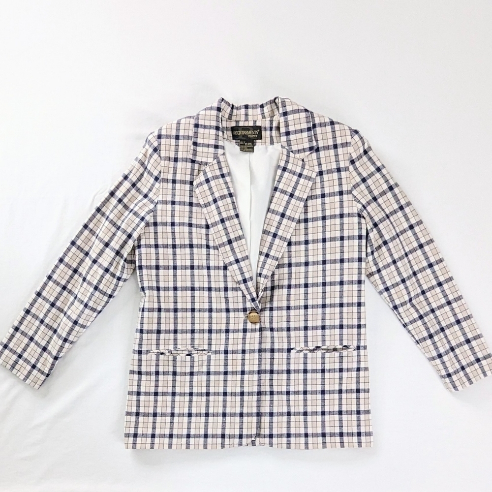 VTG Cream Blue Plaid Linen Button Front Blazer Corpcore Coastal